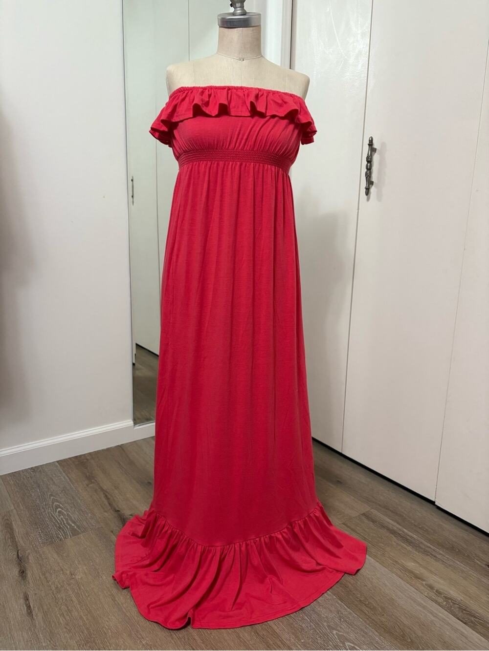 Derek Heart Coral Pink Strapless Casual Ruffle Maxi Dress Smocked Waist Size S